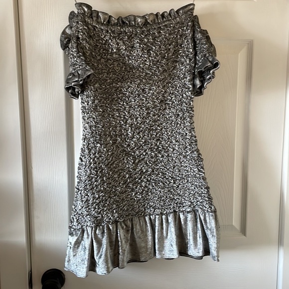 Petersyn X Revolve silver velour cocktail dress smocked off shoulder - Picture 9 of 10